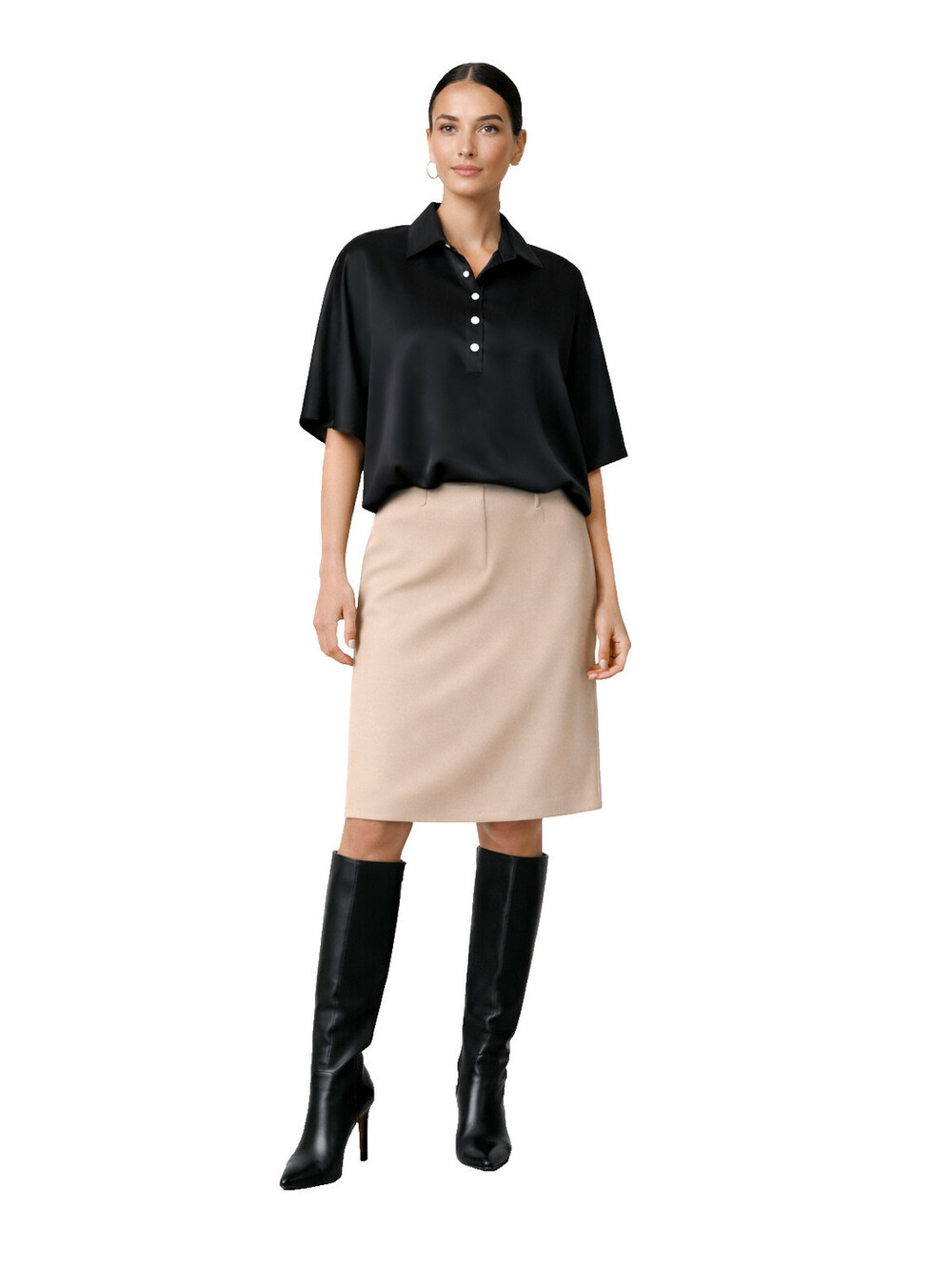 Andrée by Unit Black Silky Dolman Blouse High Low White Buttons XL